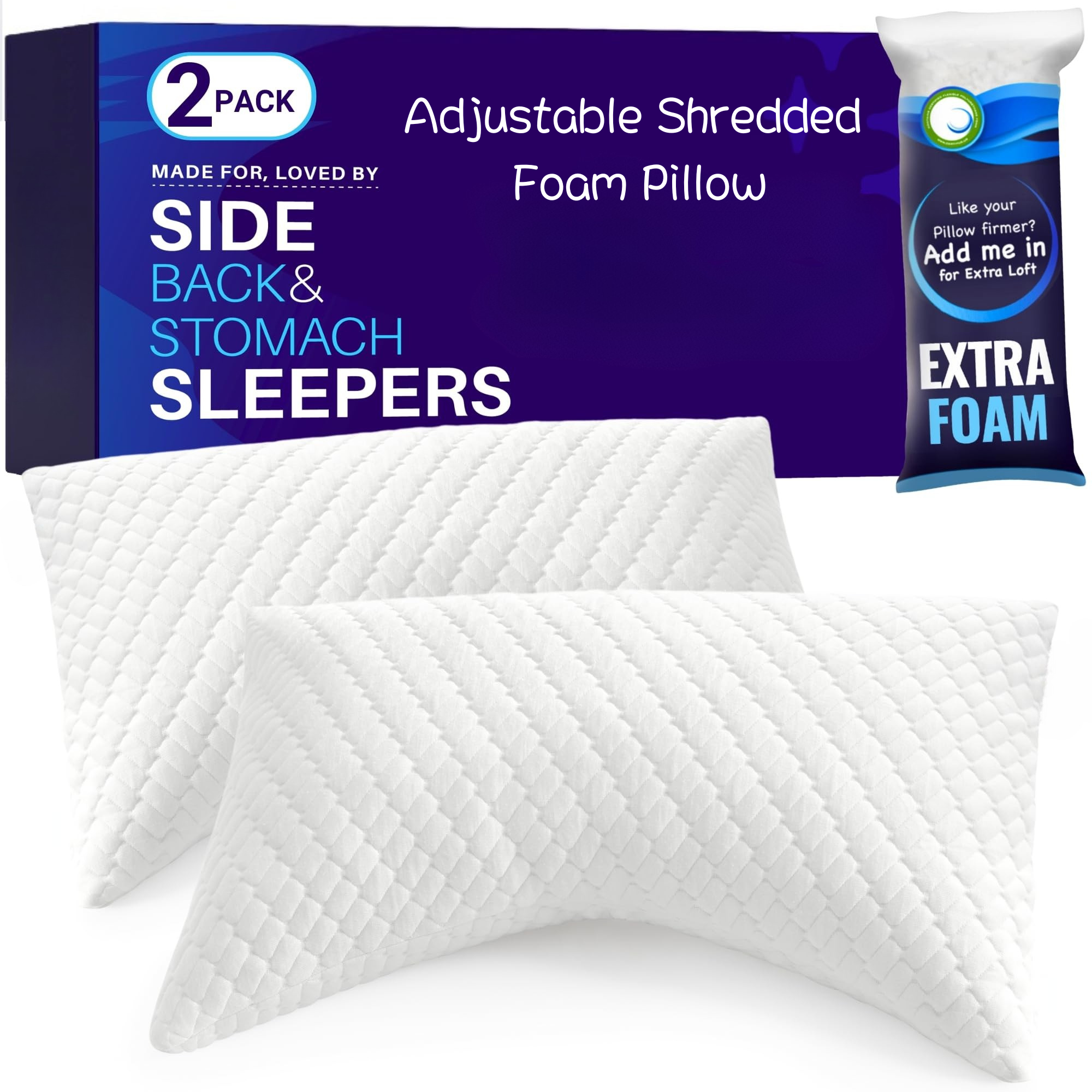 Adjustable Shredded Memory Foam Curved Pillow with Removable Washable Bamboo Cover