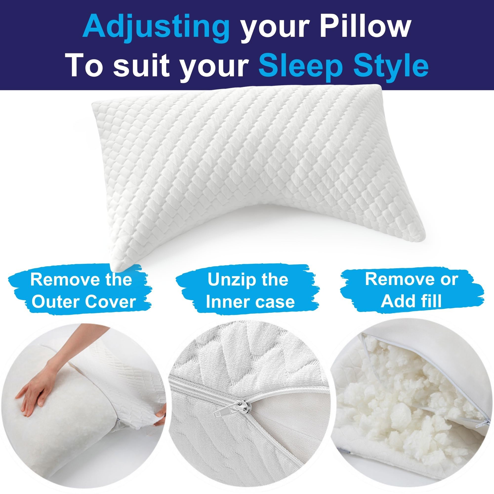 Adjustable Shredded Memory Foam Curved Pillow with Removable Washable Bamboo Cover