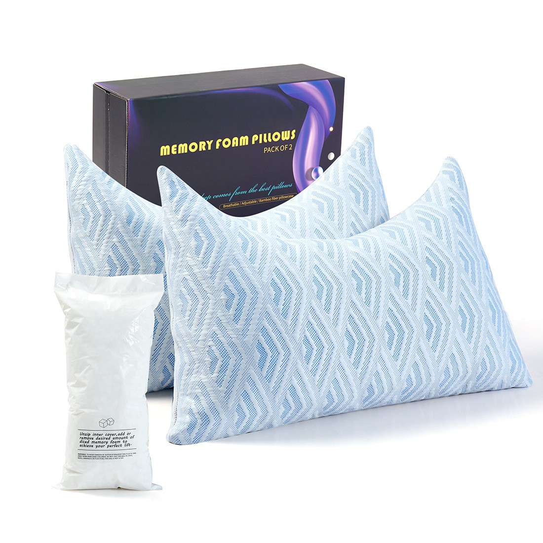 Adjustable Shredded Memory Foam Curved Pillow with Removable Washable Cooling Cover