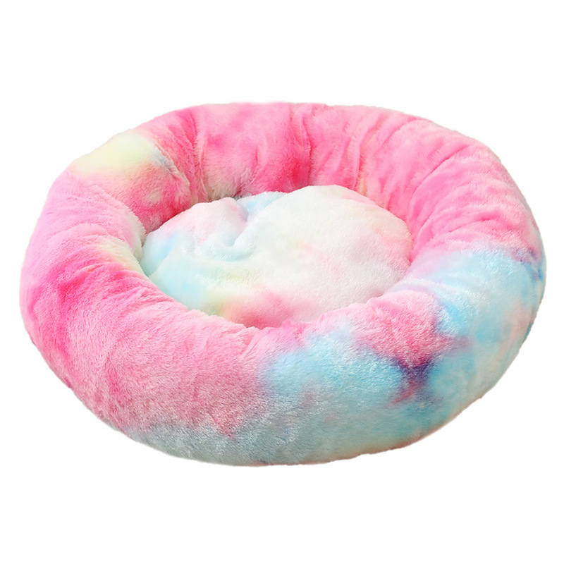 Tie Dye Gradient Color Calming Cuddler Long Fur Donut Dog Bed with Removable Washable Cover