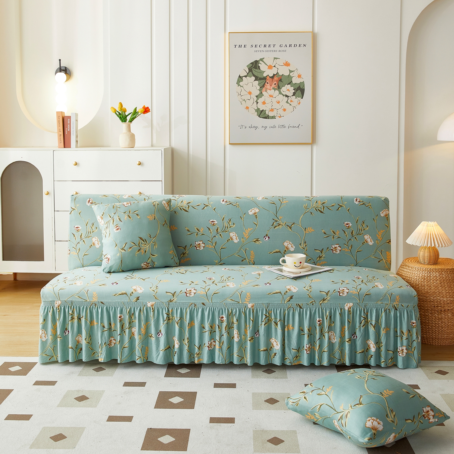  Printed Spandex Milk Silk Universal Stretch Armless Couch Cover Skirted Sofa Bed Slipcover