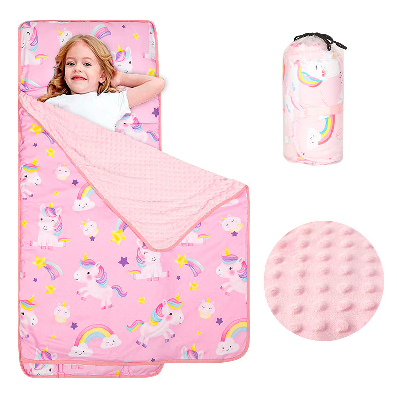  FizoHome Printed Cotton and Bubble Minky Toddler Nap Mat with Removable Pillow and Blanket