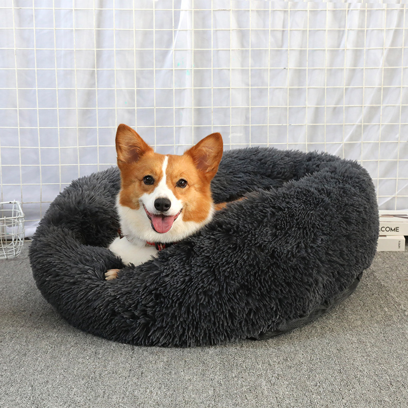 Solid Shaggy Faux Fur Calming Donut Dog Beds with Antislip Removable Cover