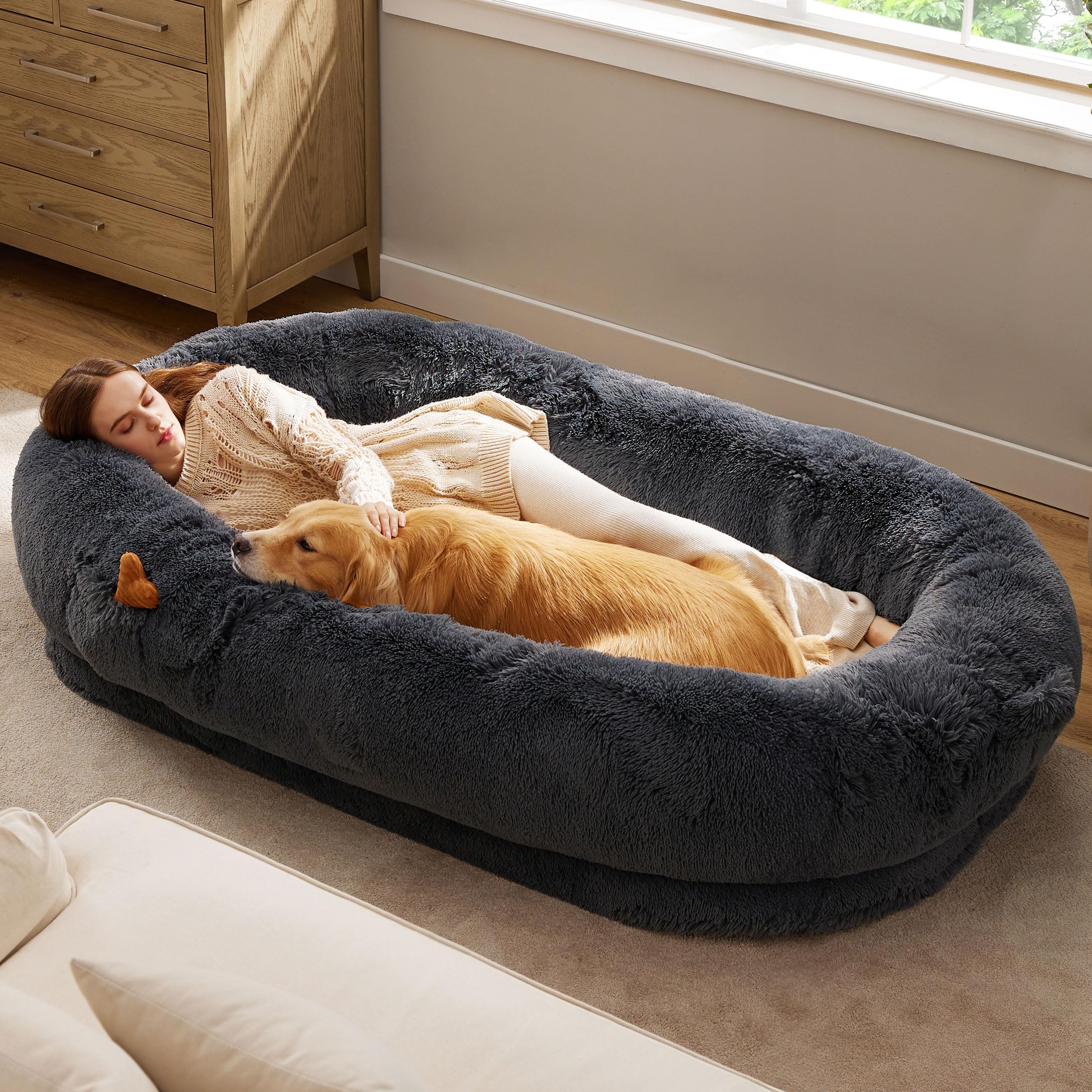  Fully Long Fur Calming Human Dog Beds--Waterproof Lining and Removable Cover