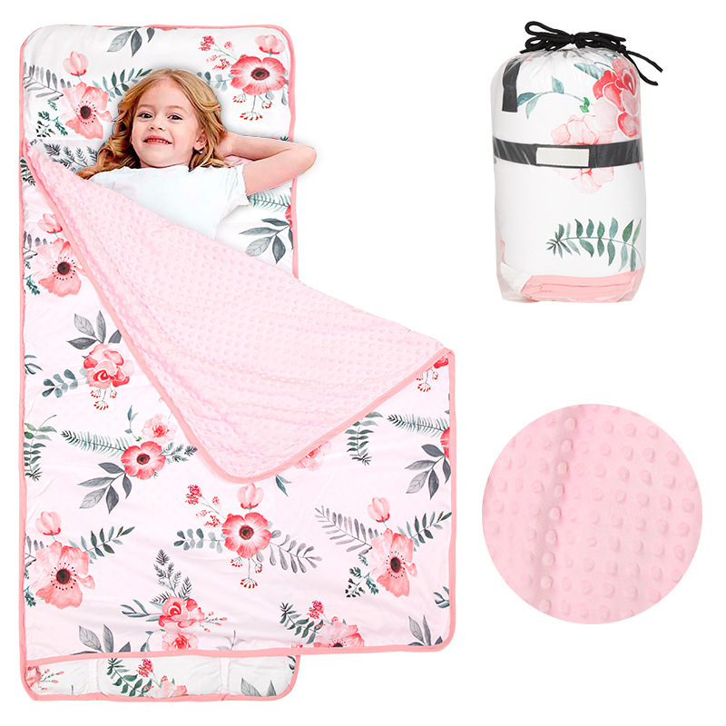  FizoHome Printed Cotton and Bubble Minky Toddler Nap Mat with Removable Pillow and Blanket