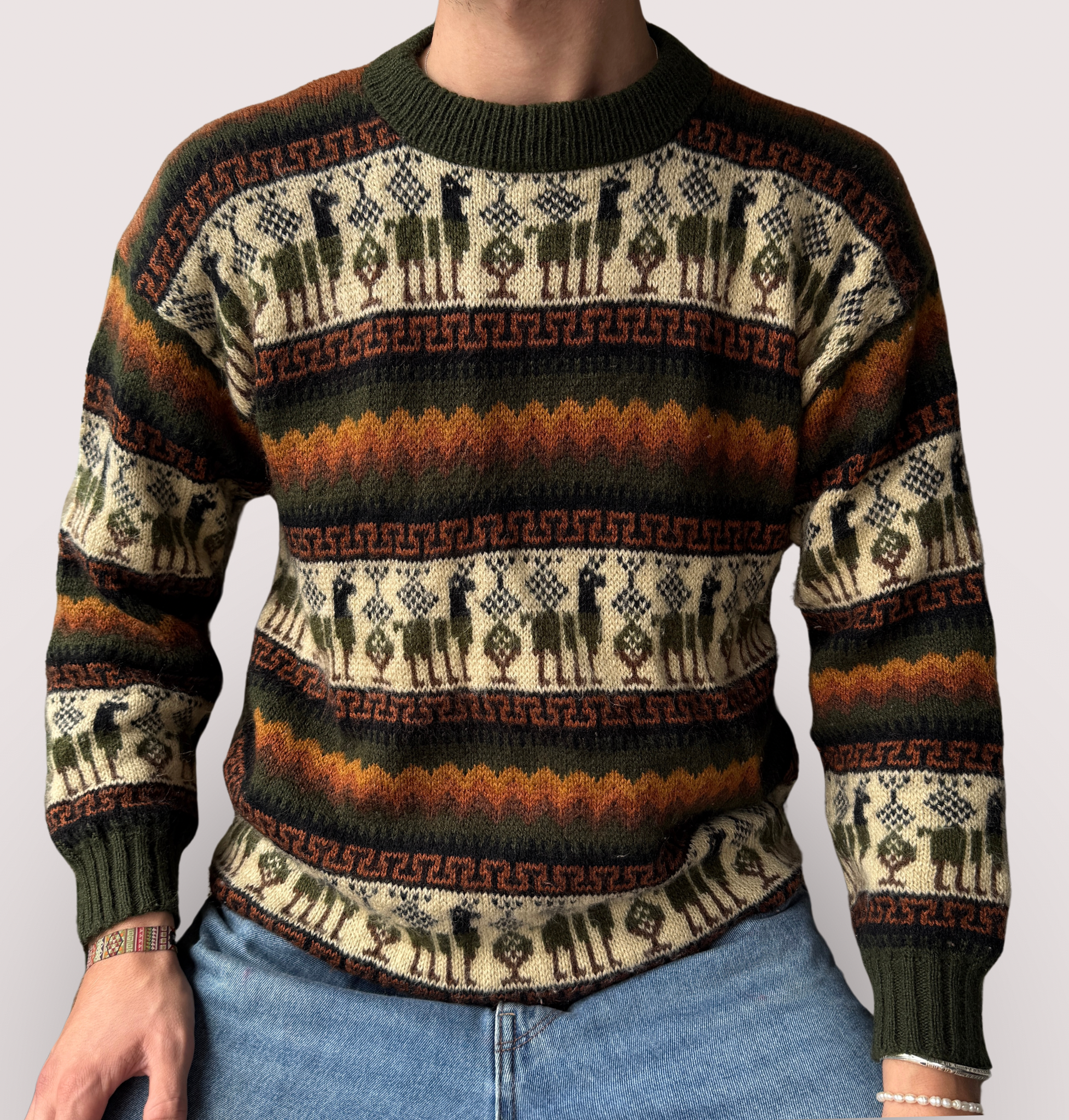 Alpaka Pullover Braun mit Muster Gr M Handgestrickter Alpaka Wollpullover aus Peru