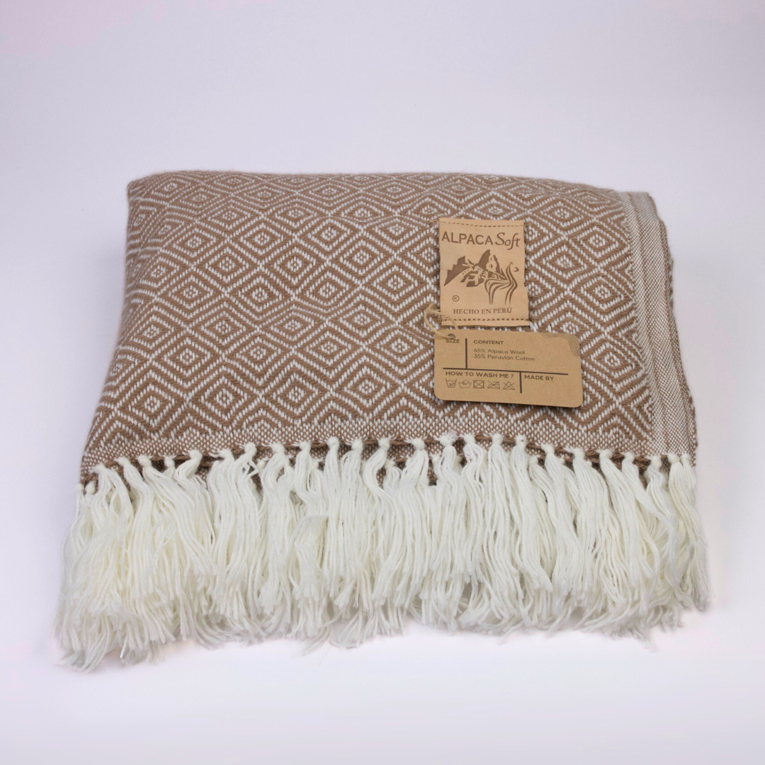 Alpaka Wolldecke Beige 200x140cm Weiche Sofadecke aus Peru