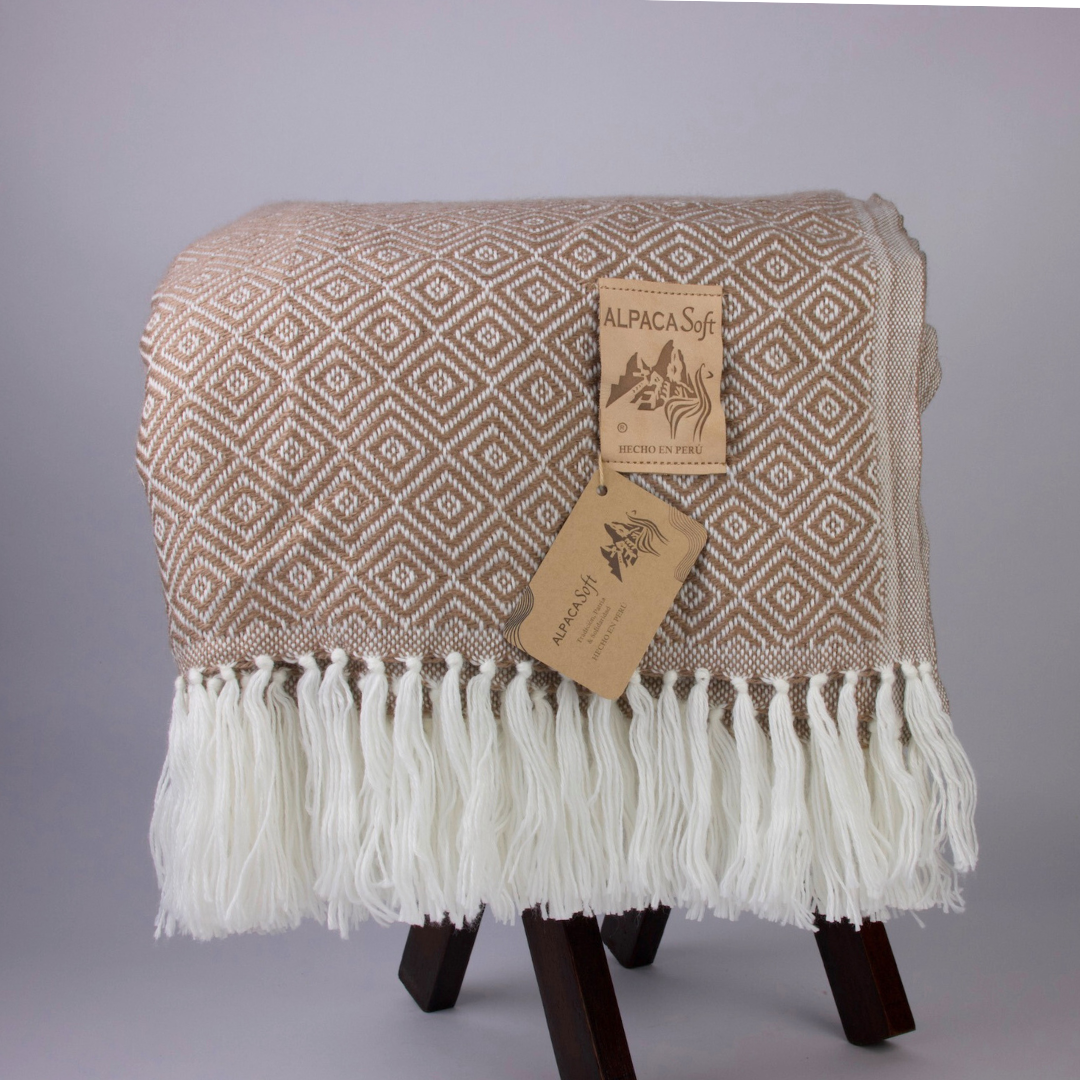 Alpaka Wolldecke Beige 200x140cm Weiche Sofadecke aus Peru