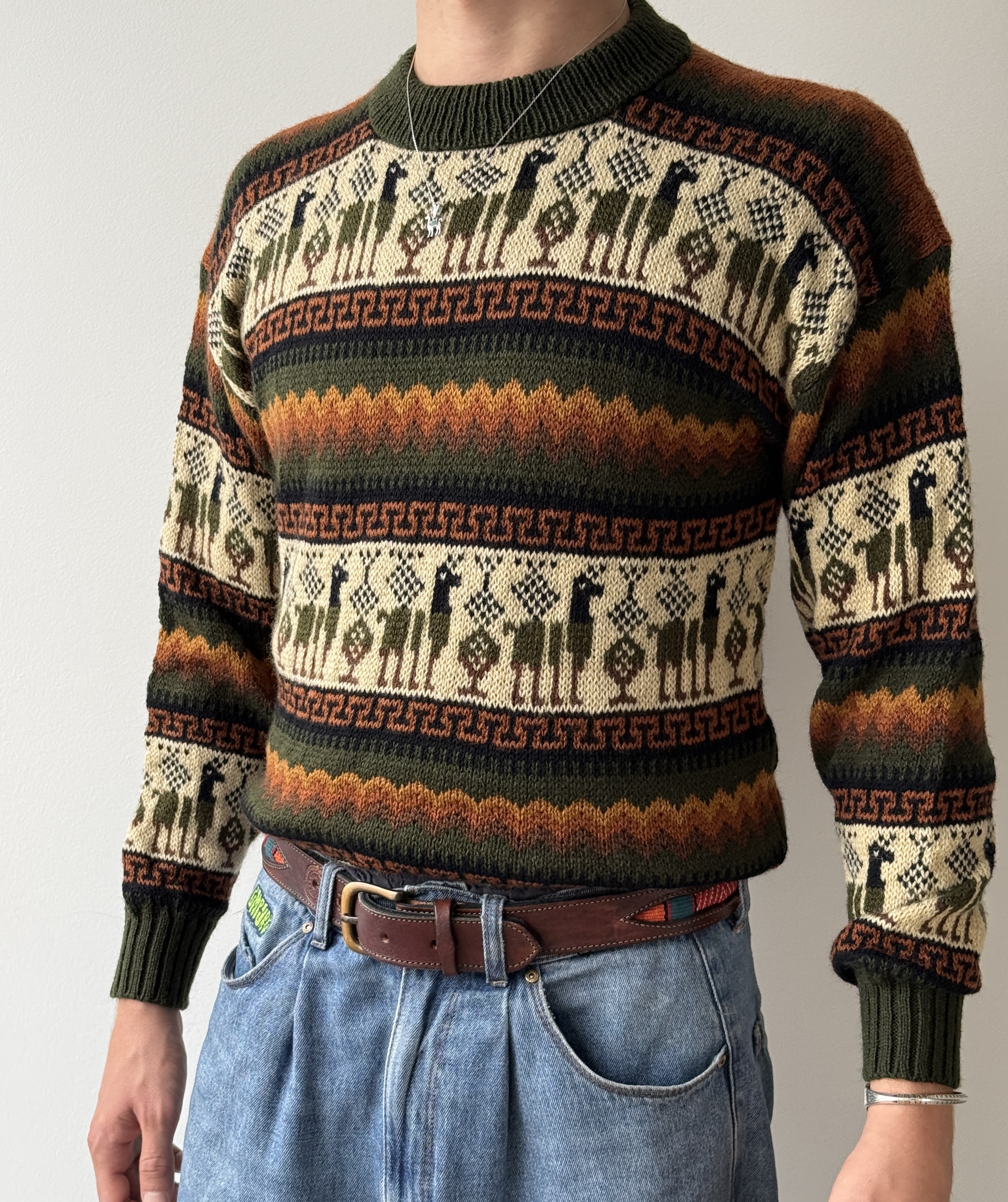Alpaka Pullover Braun mit Muster Gr M Handgestrickter Alpaka Wollpullover aus Peru