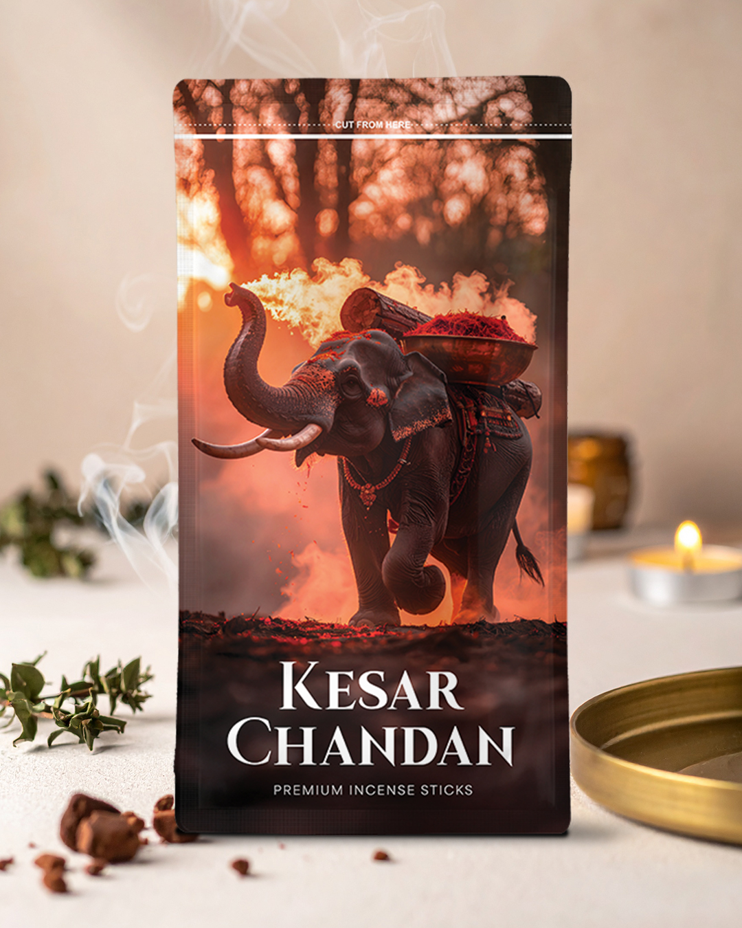Kesar Chandan Zipper Pouch Design – Traditional Elephant Temple Theme | Editable PDF