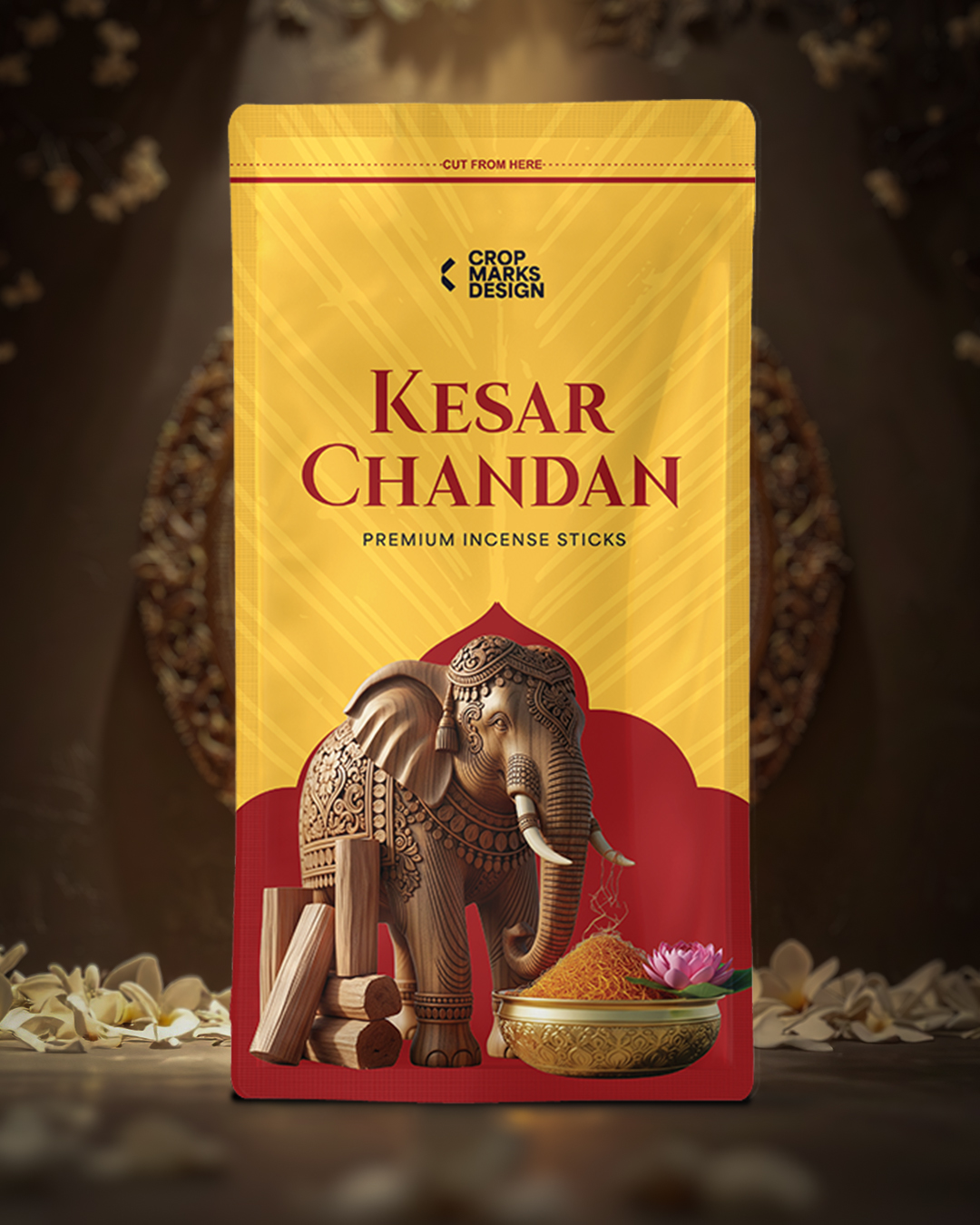 Kesar Chandan Zipper Pouch Design – Traditional Elephant Temple Theme | Editable PDF