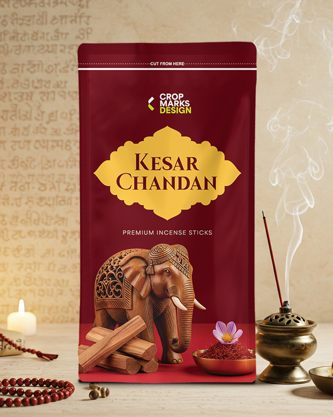Kesar Chandan Incense Packaging Design – Red Spiritual Theme | Editable PDF