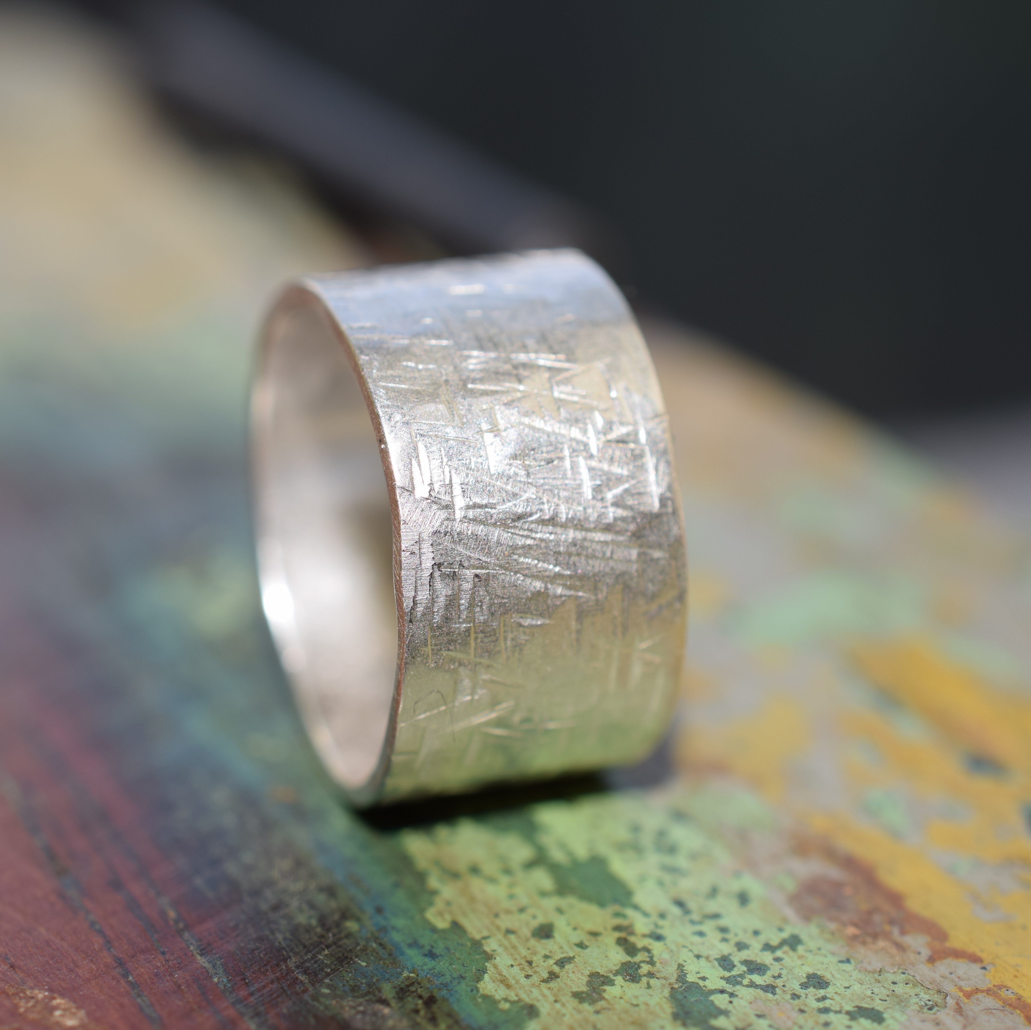 Rustic Handcrafted Textured Silver Band