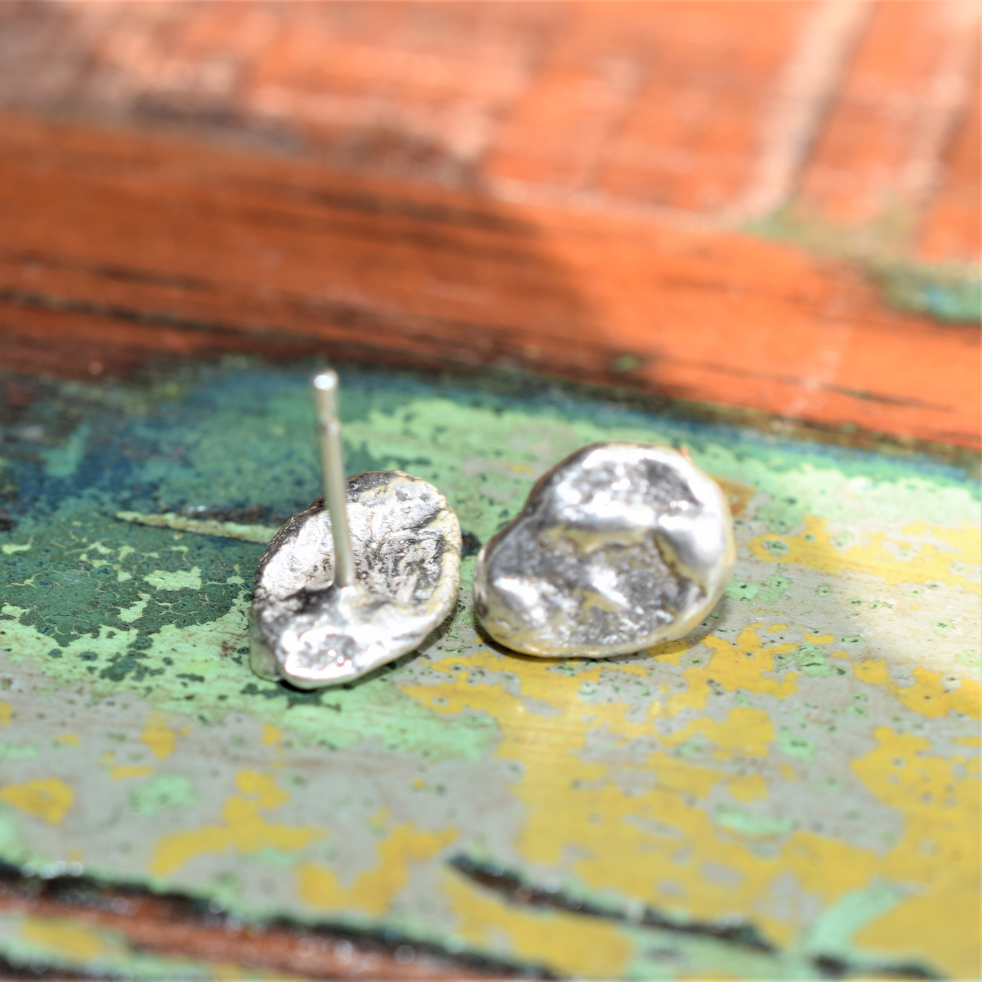 Silver Pebble Earrings with Melted Texture