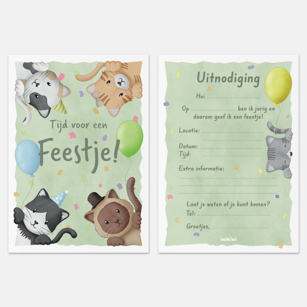 Uitnodigingen Verjaardagsfeestje - Katten (Set van 8)