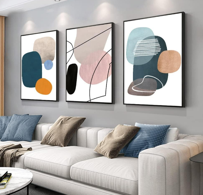 Aesthetic Wall Art Large size 24" x 32" x 3 Panels Of Framed Decorative Paintings Abstract Simple Orange White Blue And Other Color Blocks Wall Art Canvas Prints Nature Home Decor