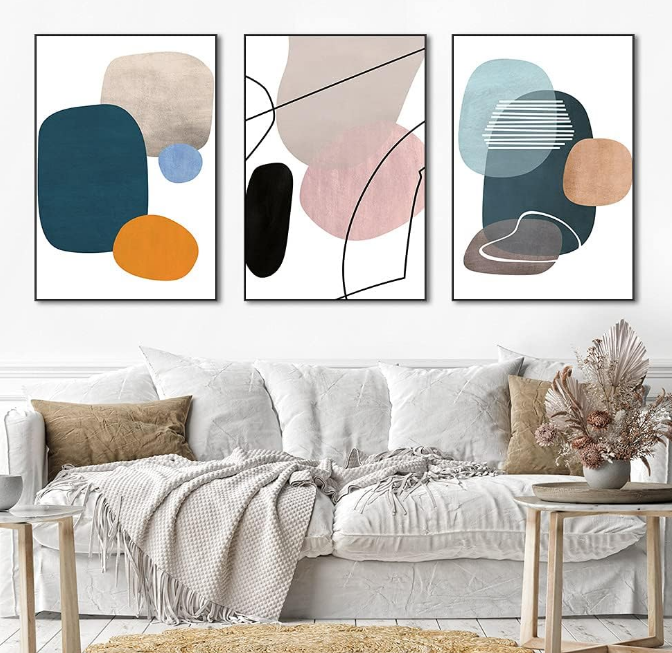 Aesthetic Wall Art Large size 24" x 32" x 3 Panels Of Framed Decorative Paintings Abstract Simple Orange White Blue And Other Color Blocks Wall Art Canvas Prints Nature Home Decor