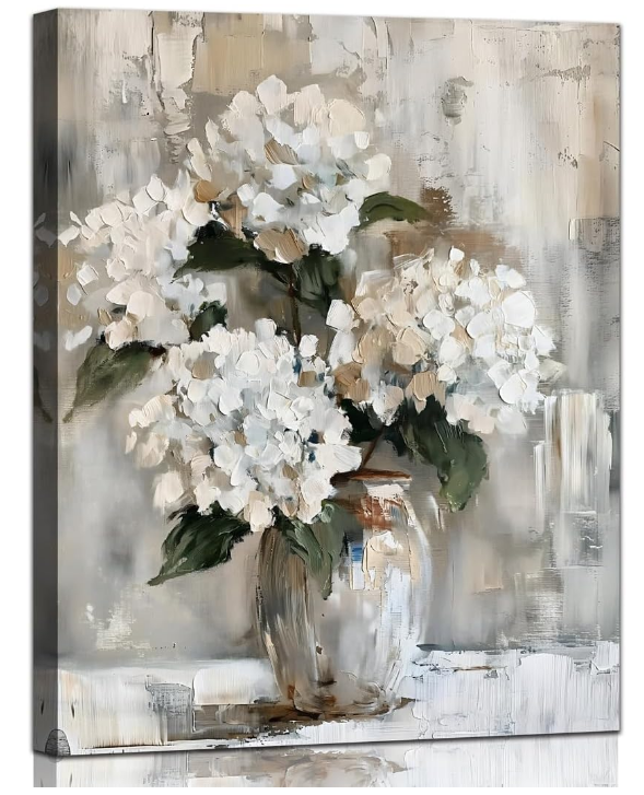 Wall Art White Hydranged Canvas Pictures Decor Flower Artwork Abstract Floral Art Paintings for Bedroom Vintage Nature Art Print Farmhouse Theme Wall Art for Living Room Home Office Decorations 12x15 Inches