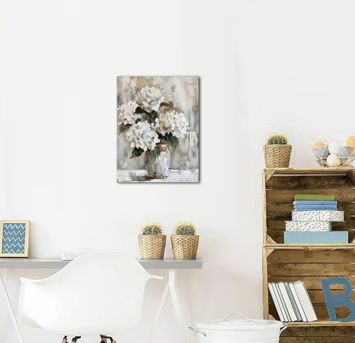 Wall Art White Hydranged Canvas Pictures Decor Flower Artwork Abstract Floral Art Paintings for Bedroom Vintage Nature Art Print Farmhouse Theme Wall Art for Living Room Home Office Decorations 12x15 Inches