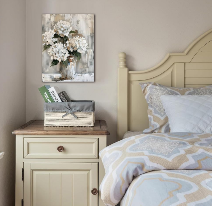 Wall Art White Hydranged Canvas Pictures Decor Flower Artwork Abstract Floral Art Paintings for Bedroom Vintage Nature Art Print Farmhouse Theme Wall Art for Living Room Home Office Decorations 12x15 Inches