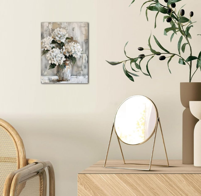 Wall Art White Hydranged Canvas Pictures Decor Flower Artwork Abstract Floral Art Paintings for Bedroom Vintage Nature Art Print Farmhouse Theme Wall Art for Living Room Home Office Decorations 12x15 Inches