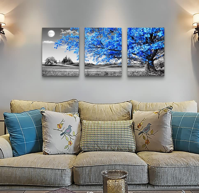 Wall Art For Living Room black and white Blue tree moon Canvas Wall Decor for Home artwork Painting 12" x 16" 3 Pieces Canvas Print For bedroom Decor Modern Salon kitchen office Hang a picture