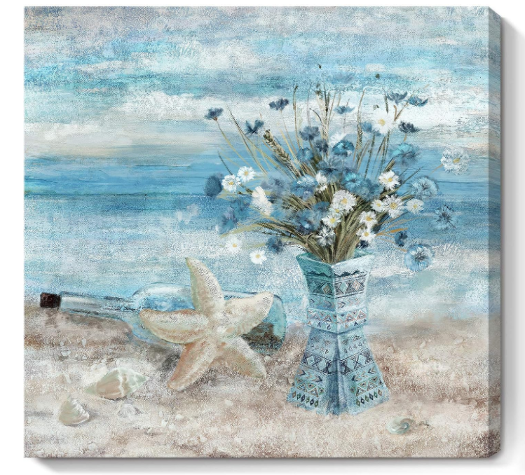 Decor Wall Art Blue Beach Picture Ocean Theme Flower Canvas Print Modern Coastal Seascape Painting Framed Seaside Artwork Floral Daisy in Indian Vase for Home Sea Lake Bedroom 14x14inch