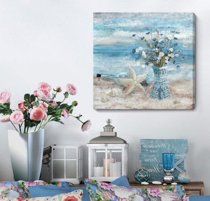Decor Wall Art Blue Beach Picture Ocean Theme Flower Canvas Print Modern Coastal Seascape Painting Framed Seaside Artwork Floral Daisy in Indian Vase for Home Sea Lake Bedroom 14x14inch