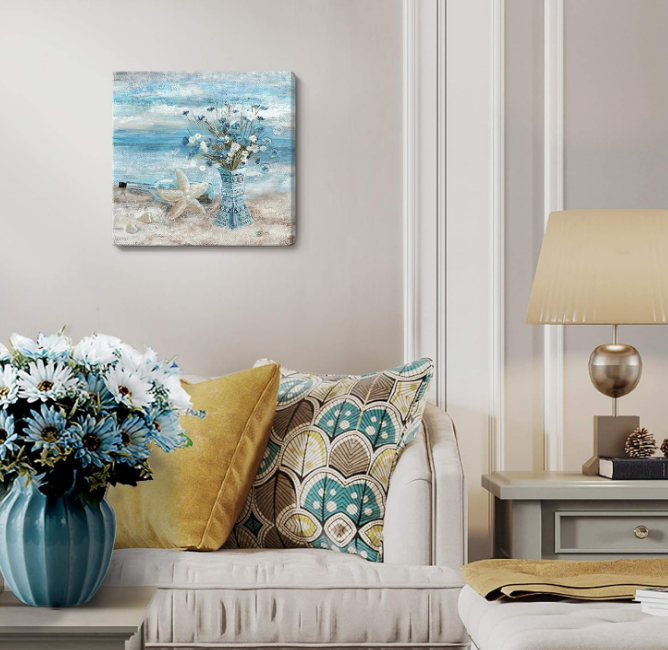 Decor Wall Art Blue Beach Picture Ocean Theme Flower Canvas Print Modern Coastal Seascape Painting Framed Seaside Artwork Floral Daisy in Indian Vase for Home Sea Lake Bedroom 14x14inch
