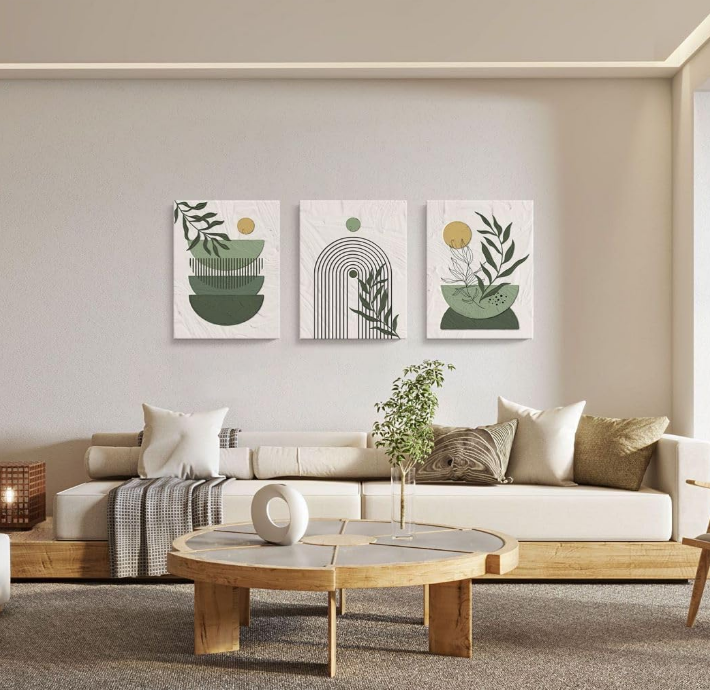 Green Wall Art, 3-Piece Boho Geometric Line Leaf Sun Moon Beige Green Textured Pictures Wall Decor, Framed Wall Art Prints | Green Canvas Painting for Bedroom, Living Room, Dining & Kitchen
