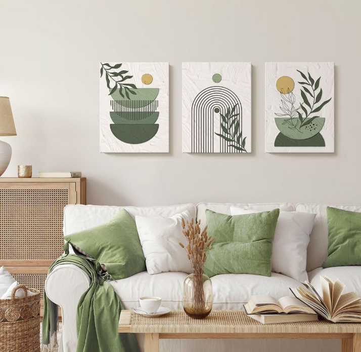 Green Wall Art, 3-Piece Boho Geometric Line Leaf Sun Moon Beige Green Textured Pictures Wall Decor, Framed Wall Art Prints | Green Canvas Painting for Bedroom, Living Room, Dining & Kitchen