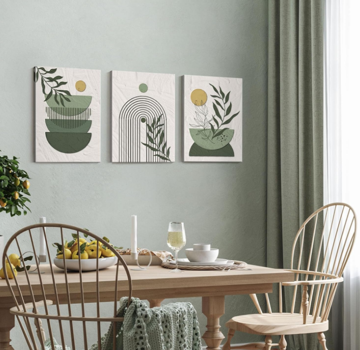Green Wall Art, 3-Piece Boho Geometric Line Leaf Sun Moon Beige Green Textured Pictures Wall Decor, Framed Wall Art Prints | Green Canvas Painting for Bedroom, Living Room, Dining & Kitchen