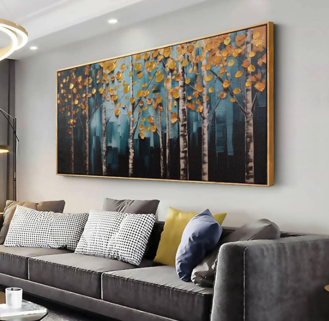 Wall Art Golden Autumn Scene Nature Decor Canvas Print Gold abstract Tree Painting Picture artwork Framed for Living Room Bedroom Living Room and Office Wall Decor 20x40 inch