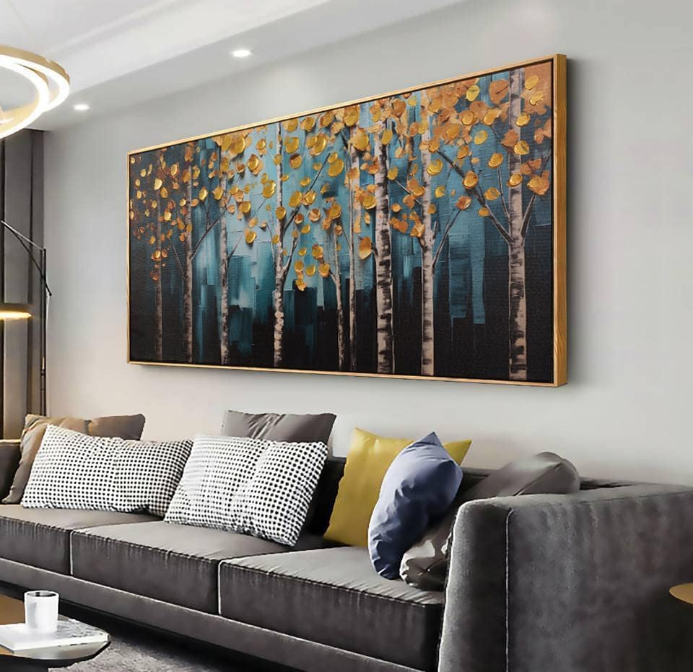 Wall Art Golden Autumn Scene Nature Decor Canvas Print Gold abstract Tree Painting Picture artwork Framed for Living Room Bedroom Living Room and Office Wall Decor 20x40 inch