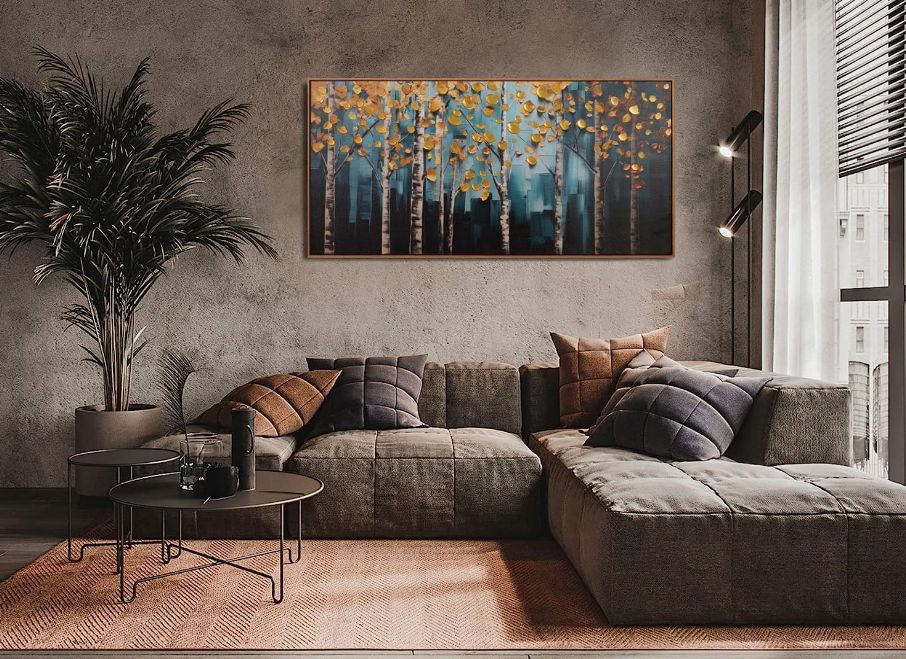 Wall Art Golden Autumn Scene Nature Decor Canvas Print Gold abstract Tree Painting Picture artwork Framed for Living Room Bedroom Living Room and Office Wall Decor 20x40 inch
