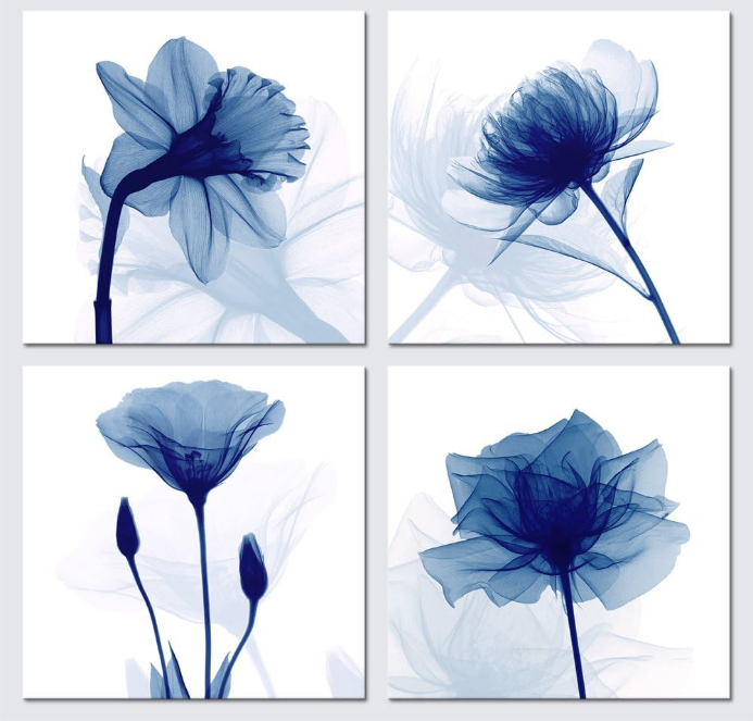Blue Flickering Flower Modern Abstract Paintings Canvas Wall Art Gallery Wrapped Grace Floral Pictures on Canvas Prints 4 Panels Artwork for Living Room Bedroom Office Home Decorations