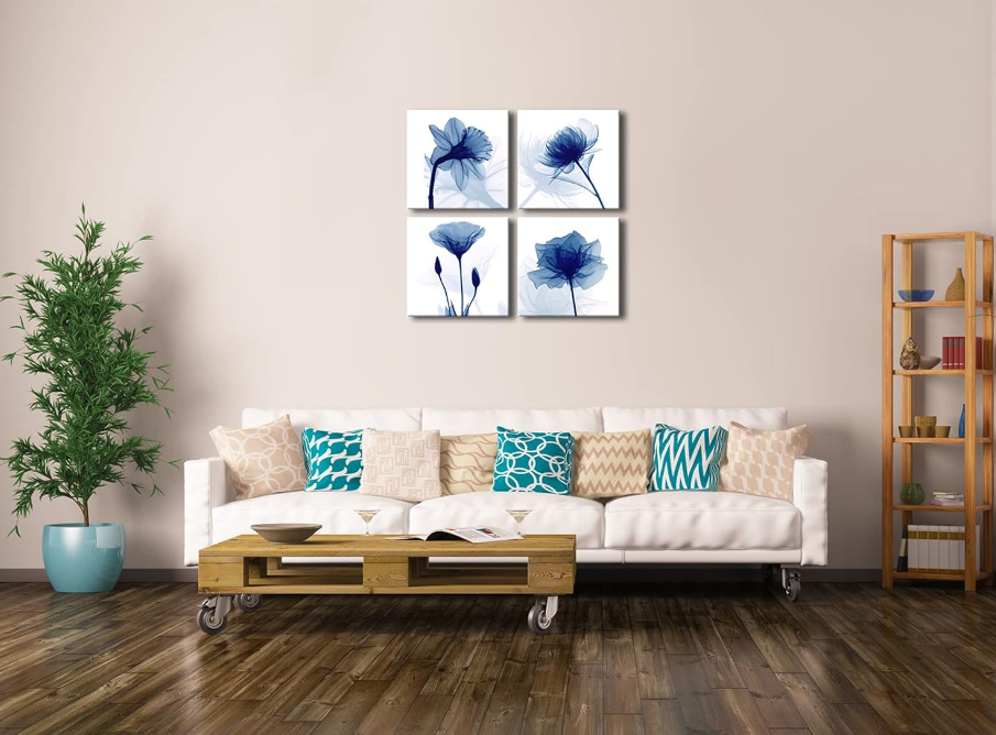 Blue Flickering Flower Modern Abstract Paintings Canvas Wall Art Gallery Wrapped Grace Floral Pictures on Canvas Prints 4 Panels Artwork for Living Room Bedroom Office Home Decorations
