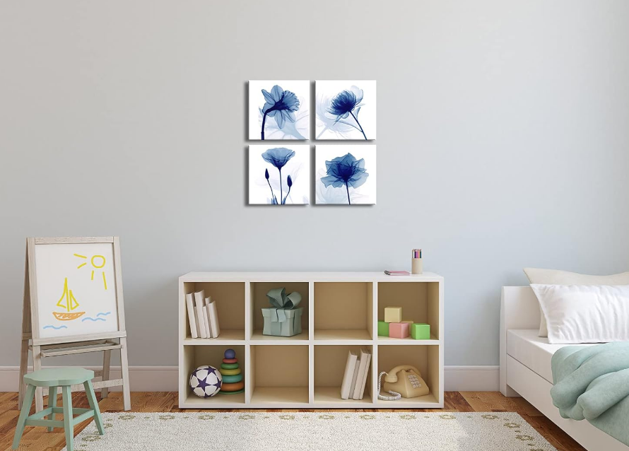 Blue Flickering Flower Modern Abstract Paintings Canvas Wall Art Gallery Wrapped Grace Floral Pictures on Canvas Prints 4 Panels Artwork for Living Room Bedroom Office Home Decorations