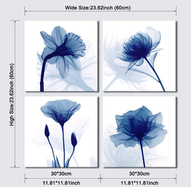 Blue Flickering Flower Modern Abstract Paintings Canvas Wall Art Gallery Wrapped Grace Floral Pictures on Canvas Prints 4 Panels Artwork for Living Room Bedroom Office Home Decorations