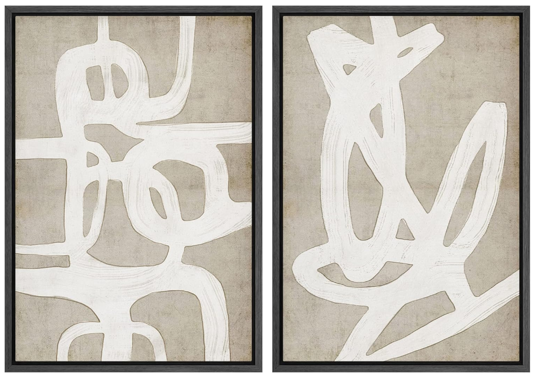 Framed Canvas Print Wall Art Set Mid-Century Tan Paint Strokes Abstract Shapes Illustrations Minimalism Decorative Bohemian Relax/Zen for Living Room, Bedroom, Office - 16"x24"x2 Black