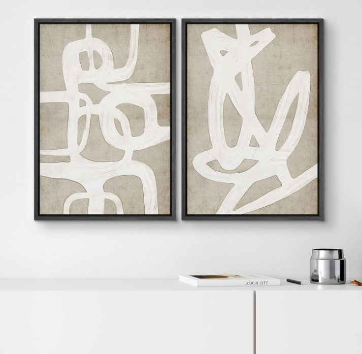 Framed Canvas Print Wall Art Set Mid-Century Tan Paint Strokes Abstract Shapes Illustrations Minimalism Decorative Bohemian Relax/Zen for Living Room, Bedroom, Office - 16"x24"x2 Black