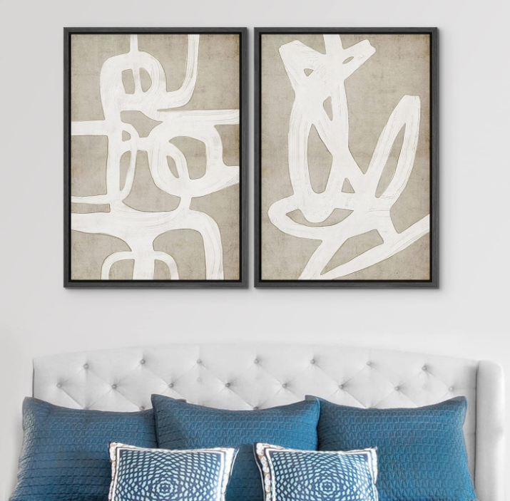 Framed Canvas Print Wall Art Set Mid-Century Tan Paint Strokes Abstract Shapes Illustrations Minimalism Decorative Bohemian Relax/Zen for Living Room, Bedroom, Office - 16"x24"x2 Black