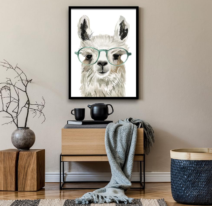 Print Wall Art Decor - 19.5x25 Inch Painting Like Framed Artwork Llama In Glasses Print - Aesthetic Decorative Picture Poster for Home Walls, Living Room, Bedroom, Kitchen - Ready to Hang