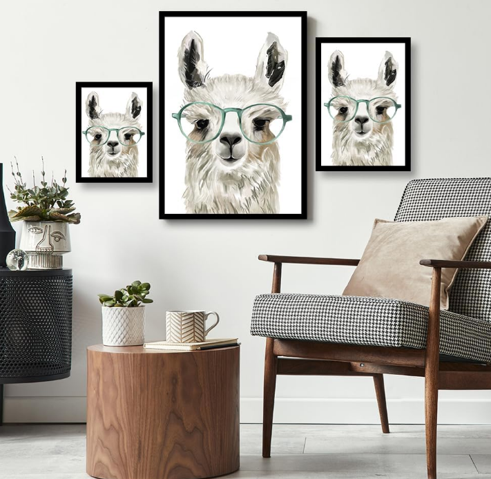 Print Wall Art Decor - 19.5x25 Inch Painting Like Framed Artwork Llama In Glasses Print - Aesthetic Decorative Picture Poster for Home Walls, Living Room, Bedroom, Kitchen - Ready to Hang
