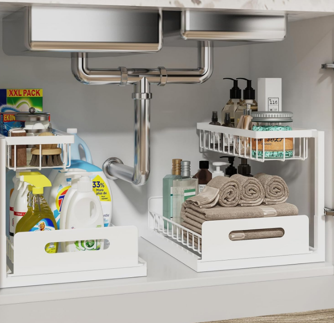 Under Sink Organizer, Pull Out Cabinet Organizer 2 Tier Slide Out Sink Shelf Cabinet Storage Shelves, Under Sink Storage for Kitchen Bathroom Cabinet, White, 2 Pack