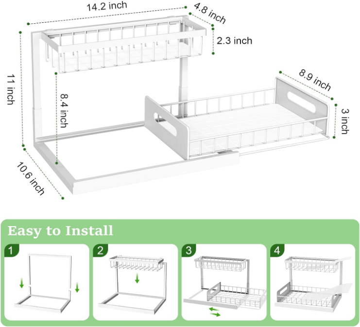 Under Sink Organizer, Pull Out Cabinet Organizer 2 Tier Slide Out Sink Shelf Cabinet Storage Shelves, Under Sink Storage for Kitchen Bathroom Cabinet, White, 2 Pack
