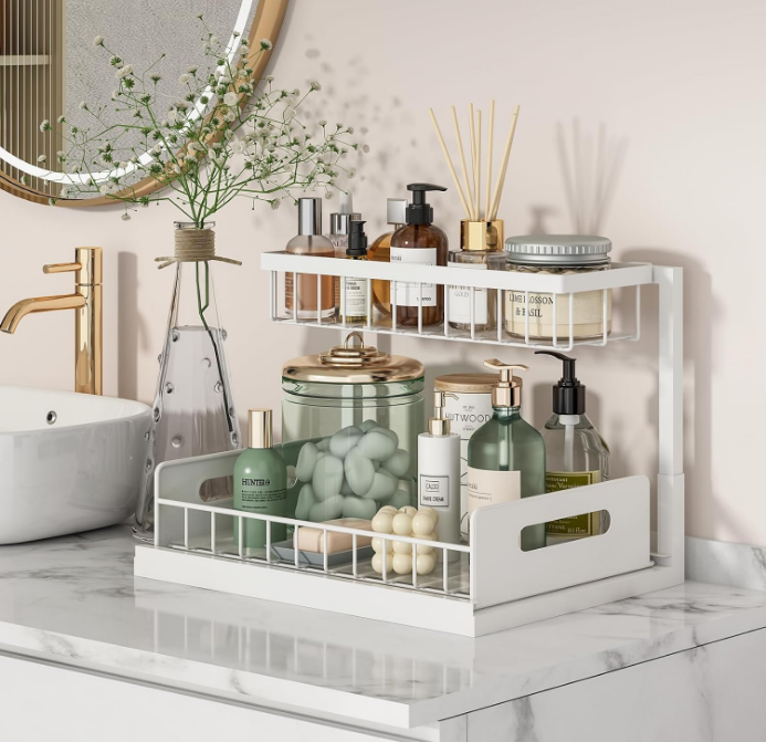 Under Sink Organizer, Pull Out Cabinet Organizer 2 Tier Slide Out Sink Shelf Cabinet Storage Shelves, Under Sink Storage for Kitchen Bathroom Cabinet, White, 2 Pack