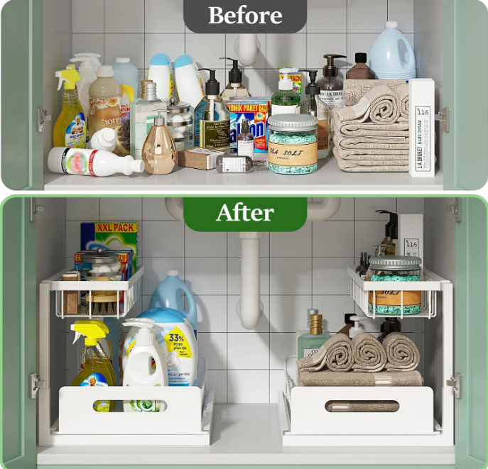 Under Sink Organizer, Pull Out Cabinet Organizer 2 Tier Slide Out Sink Shelf Cabinet Storage Shelves, Under Sink Storage for Kitchen Bathroom Cabinet, White, 2 Pack