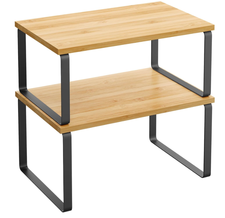 Cabinet Organizer Shelf, Set of 2 Kitchen Counter Shelves, Kitchen Storage, Spice Rack, Stackable, Expandable, Metal and Engineered Wood, Ink Black and Natural Beige