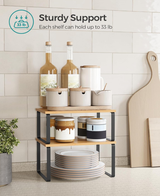 Cabinet Organizer Shelf, Set of 2 Kitchen Counter Shelves, Kitchen Storage, Spice Rack, Stackable, Expandable, Metal and Engineered Wood, Ink Black and Natural Beige
